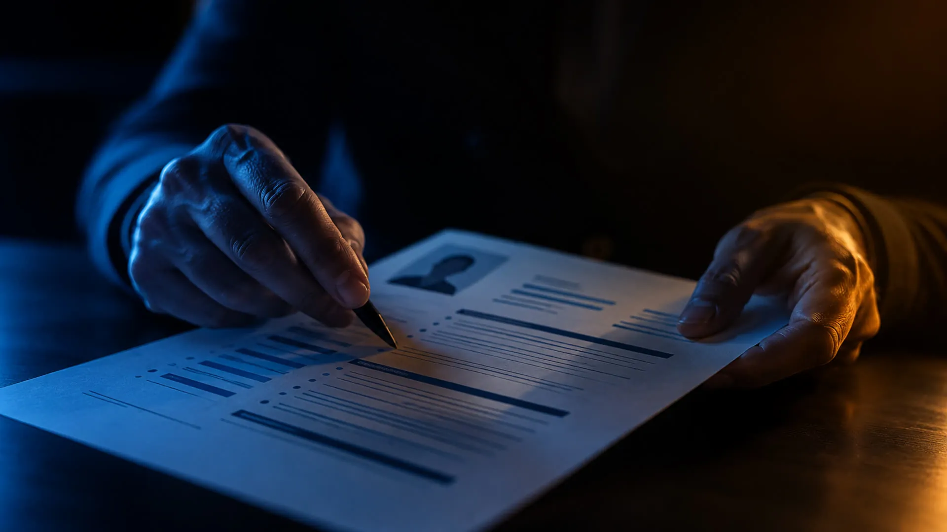Un recruteur examine un CV imprimé, tard, à la lueur d'un écran